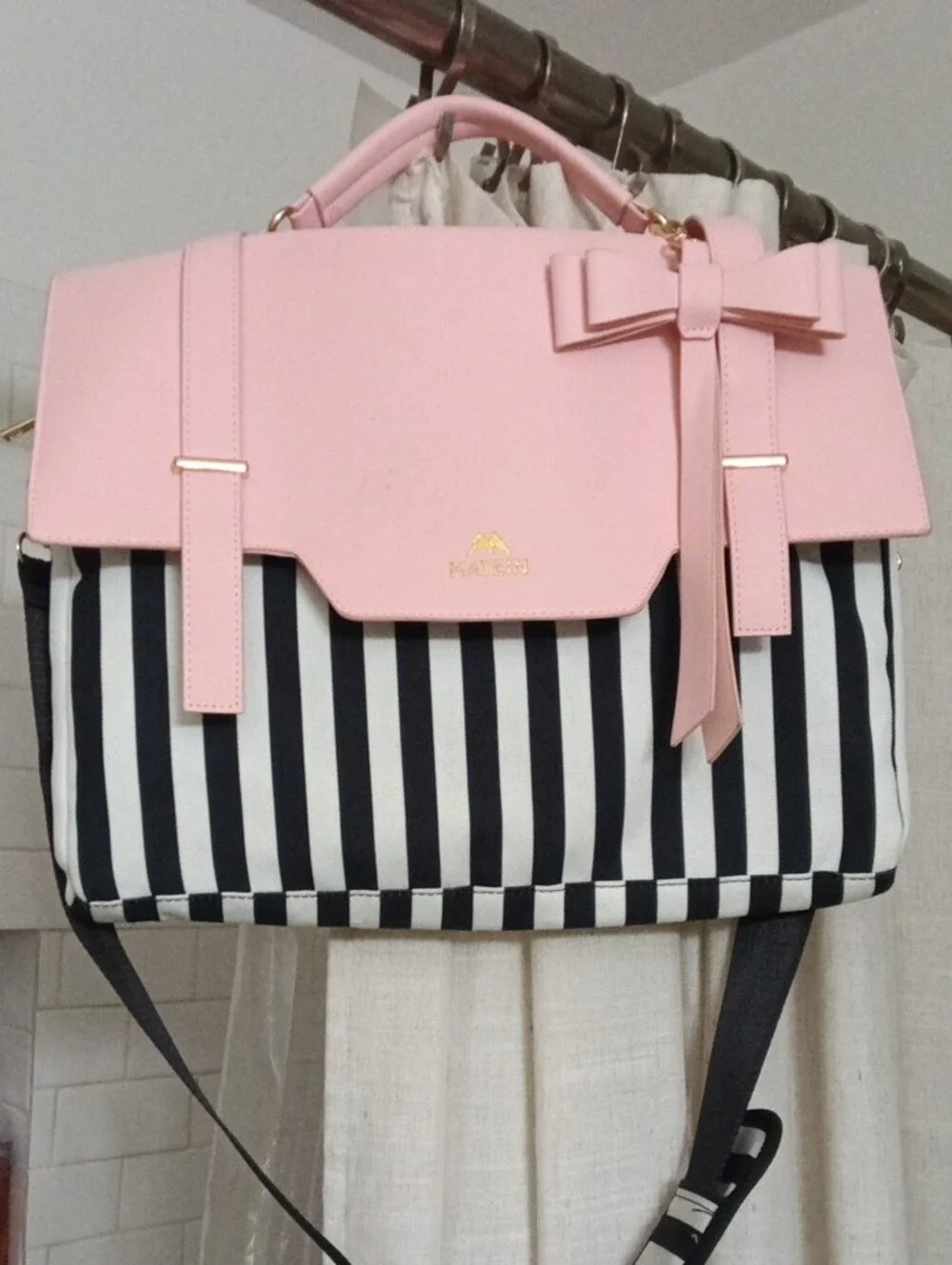 Pink Bow Satchel with Black & White Stripes